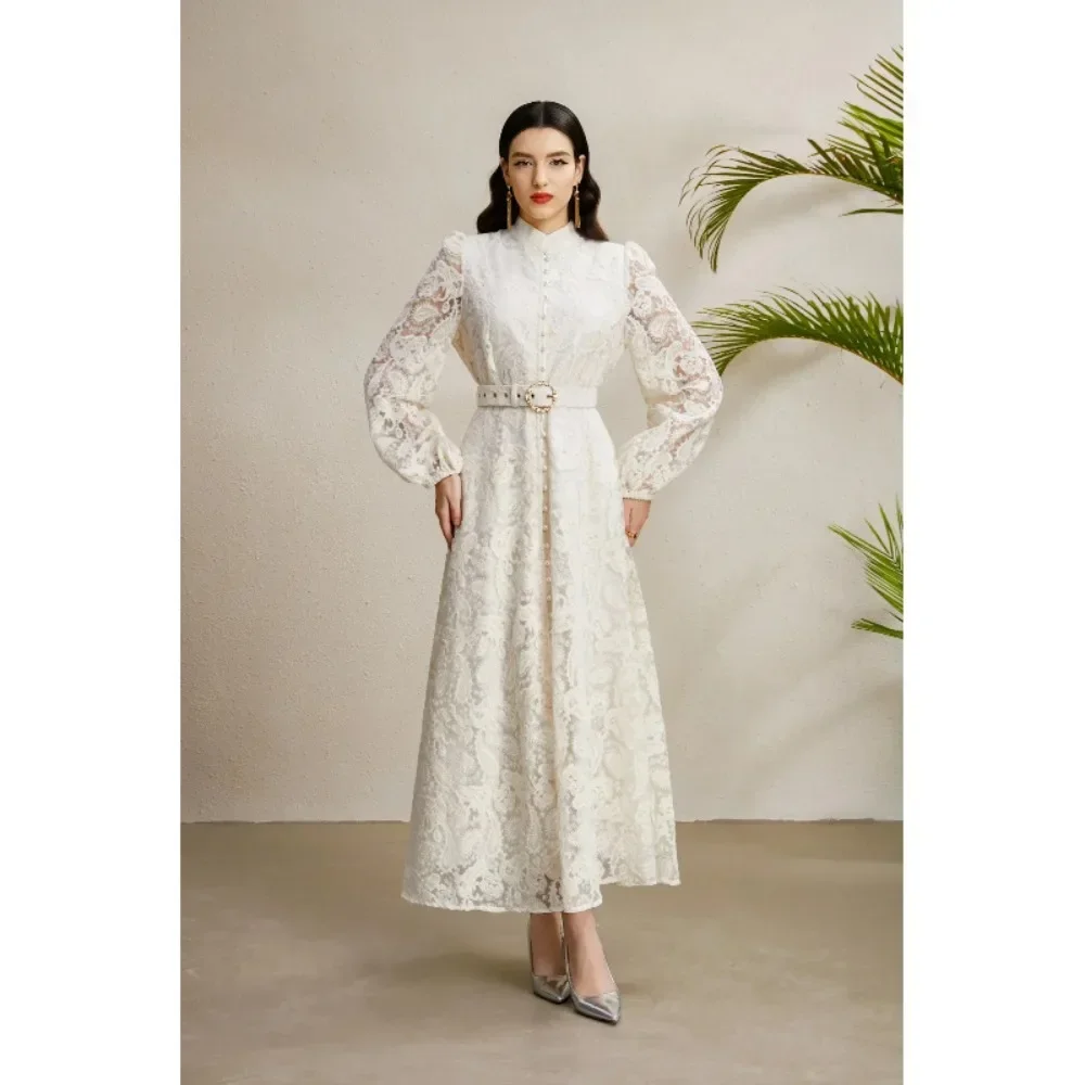 Women Autumn Palace Style Stand Collar Lantern Sleeve Ruched Wide Swing 3D Lace Elegant Ladies Dress