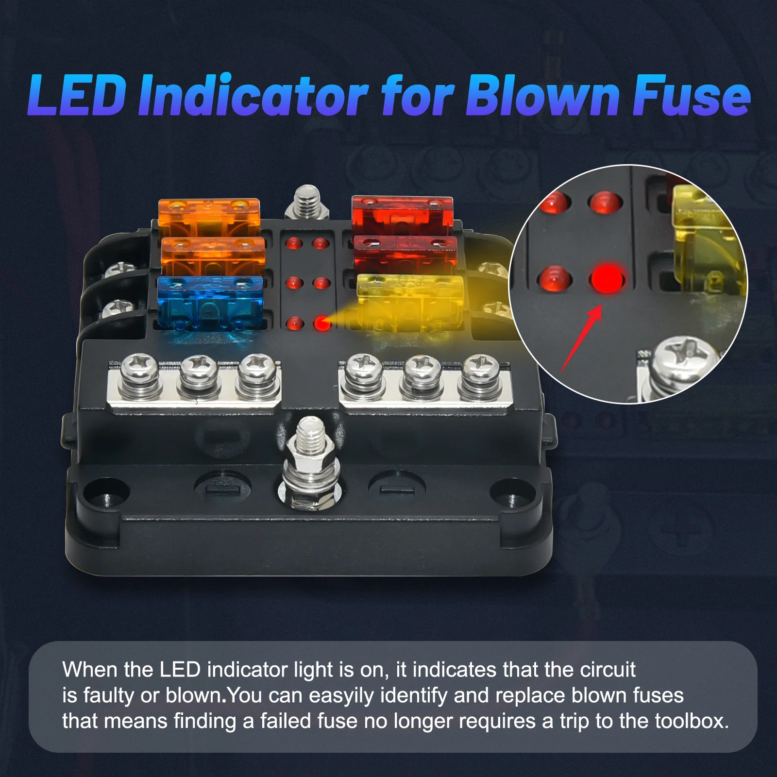 6 Way Fuse Box Holder With 6 Way Blade Fuse Holder Block & Warning Indicator  12V~24V Power Distribution Panel Board