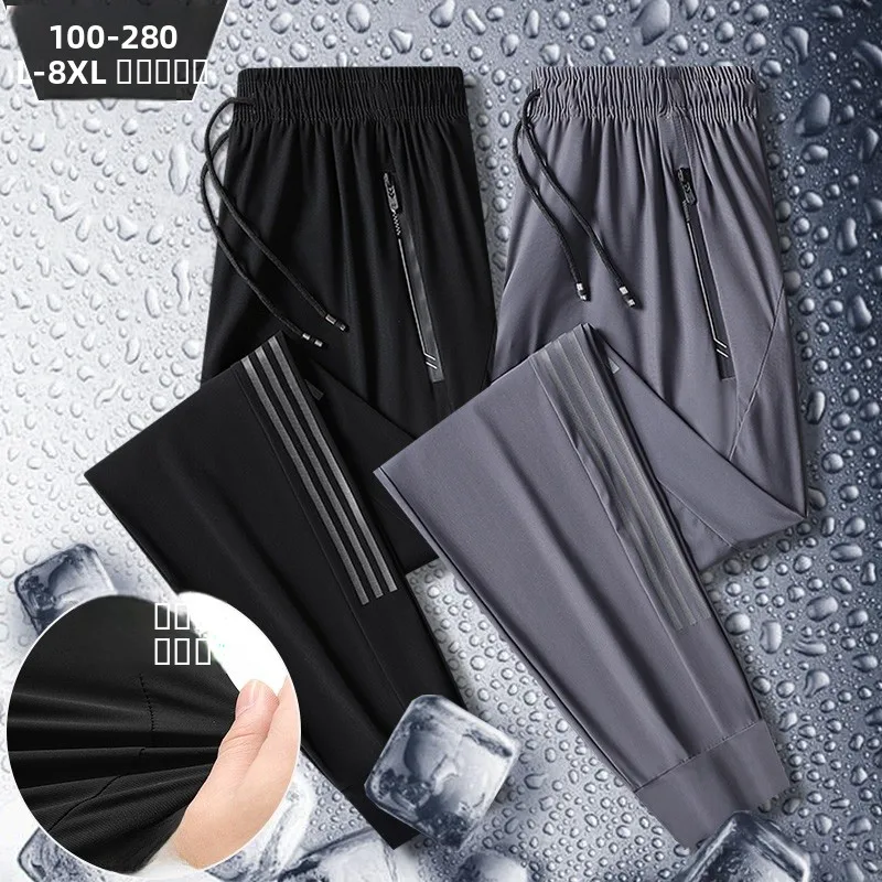 

Легкие летние брюки из ледяного шелка для мужчин, свободного кроя, больших размеров, с завязками на манжетах, универсальные, быстросохнущие, спортивные, длинные...