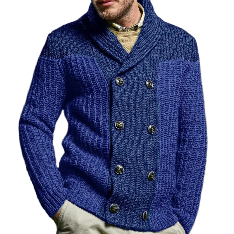 Color Matching Knitted Sweater Lapel Long-sleeved Sweater Jacket Cardigan Autumn And Winter Large Size Men's Clothing