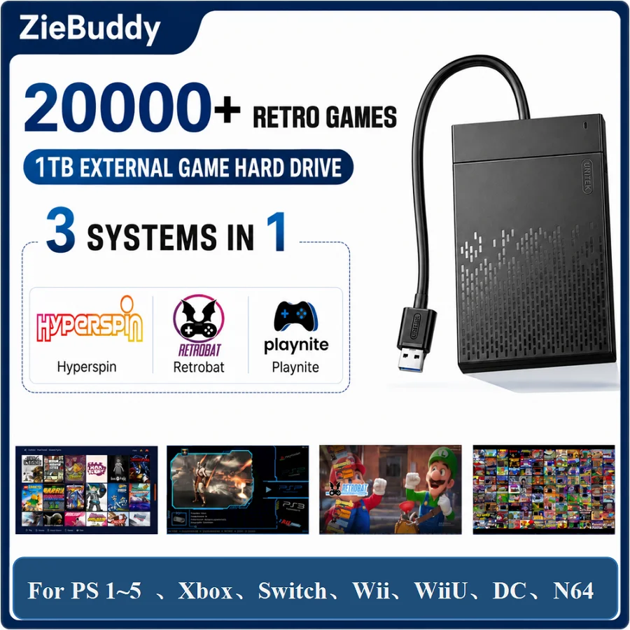 1TB Retro Gaming HDD 20000+ Retro Games RetroBat Playnite & Hyperspin Frontends Plug & Play External Game Drive Great Gift