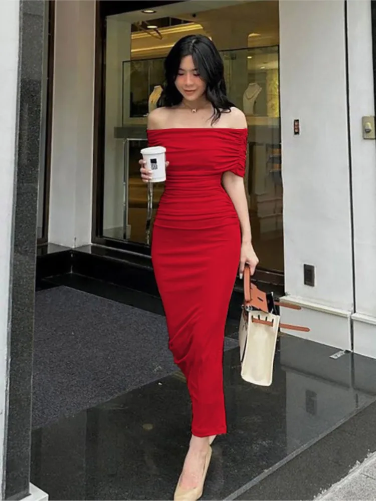 Spring Summer Fashion Sexy Slash Neck Off Shoulder Pleated Dresses Women Solid Color Slim Split Long Dress Woman Party Dress