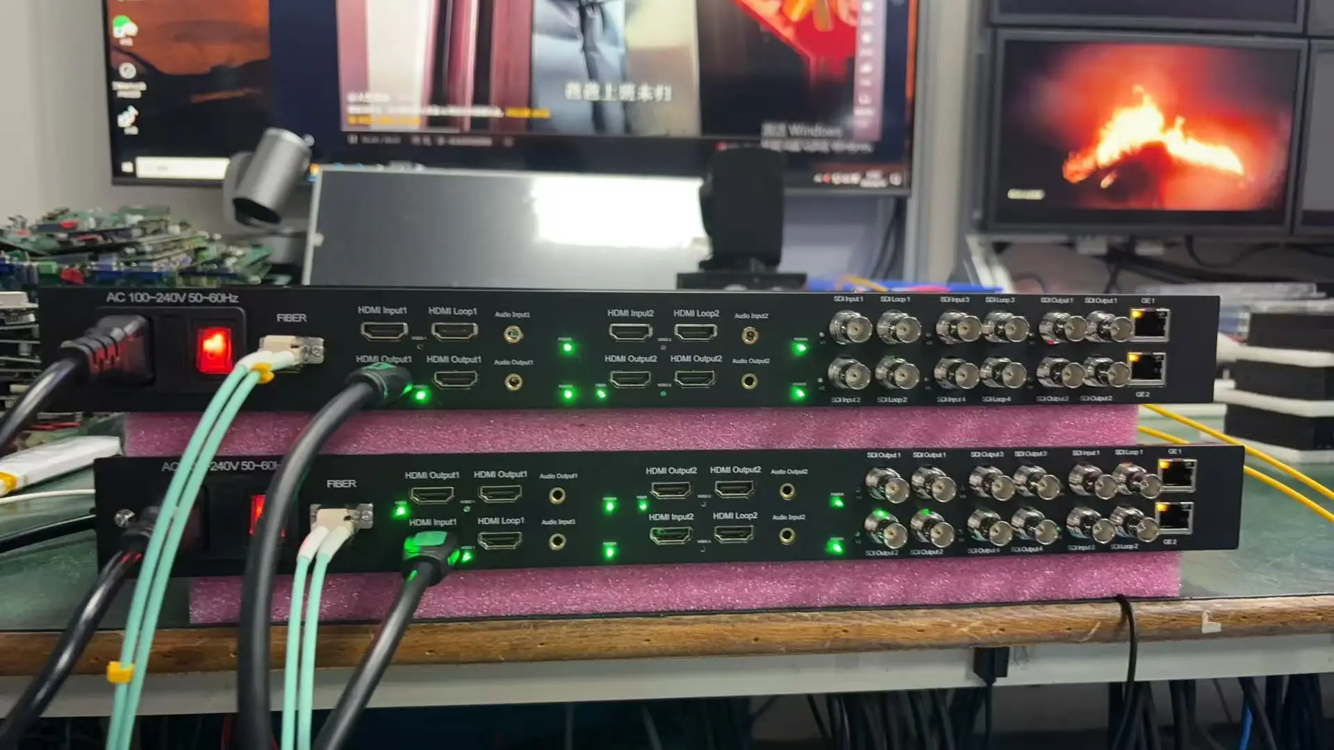 

4 sdi in 2 sdi 12g 2channels bidirectional HD MI 4K60HZ add separate isolated ethernets 1 g LC duplex fiber optic converter