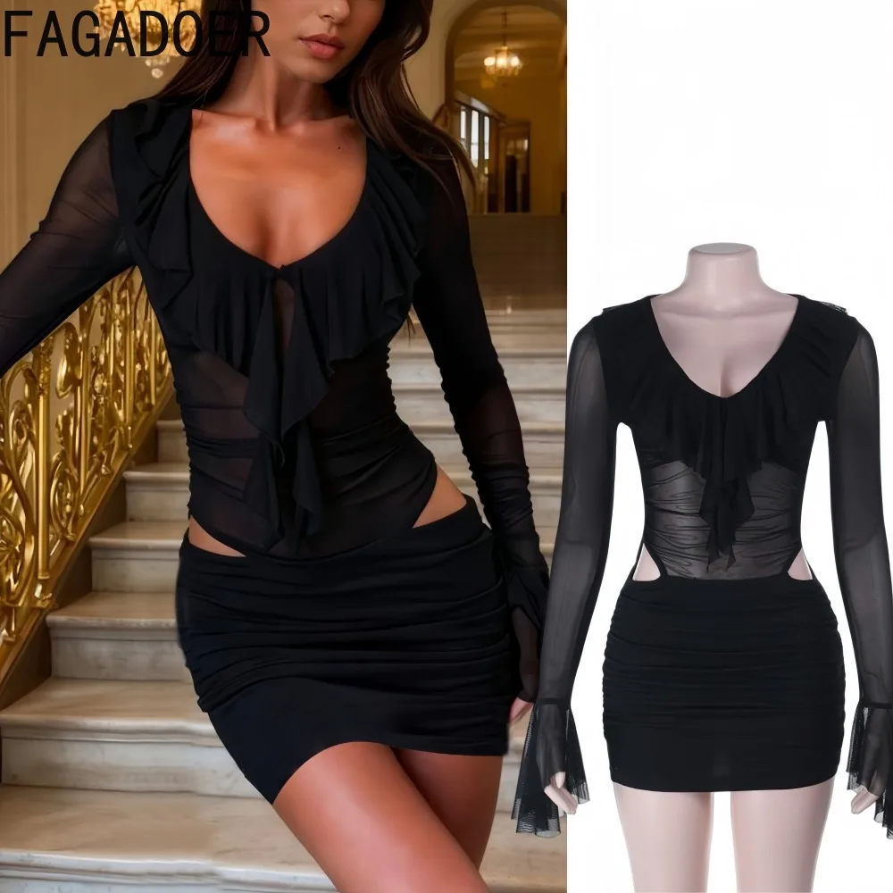 

FAGADOER Sexy Mesh See Through Bodycon Dresses Women Deep V-neck Hollow-out Ruched Patchwork Dress Female Streetwear Vestidos