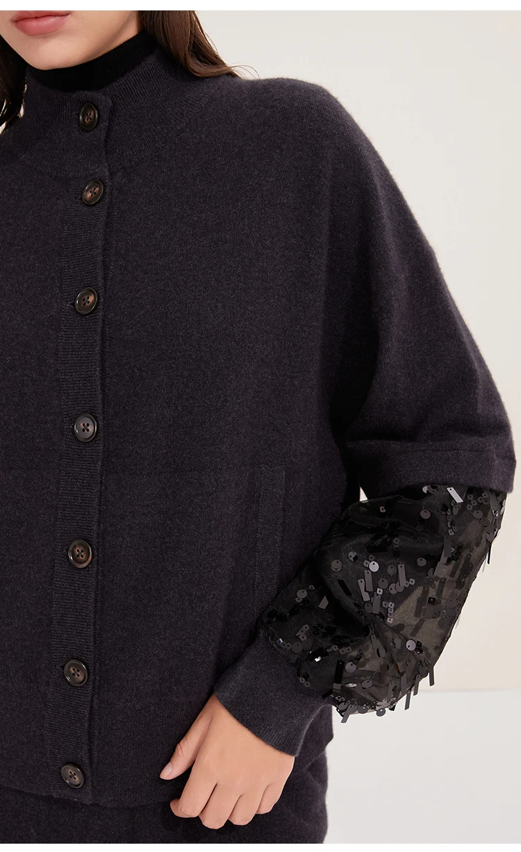BD4521243 Damen-Kaschmir-Cardigan mit Knöpfen, Stehkragen, Langen Ärmeln, Organza-Pailletten-Manschetten, Lockerer Schnitt, Winter-Strickware – Detail 5