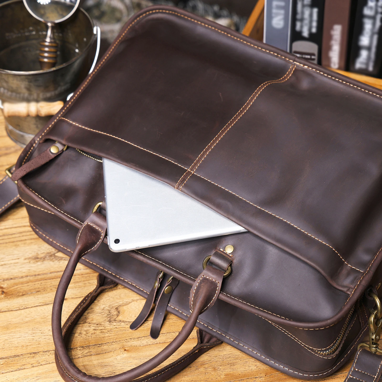S.WORKER Vintage Echtleder Herren-Aktentasche Laptop-Tasche Crazy Horse Leder Messenger-Handtasche Rindsleder Geschenkidee für Männer – Detail 16