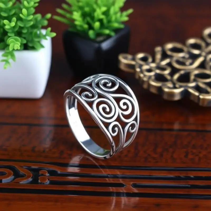 Vintage 925 Sterling Silver Hollow Flower Band Finger Rings for Women Men Anniversary Party Fashion Jewelry Gifts Accessory