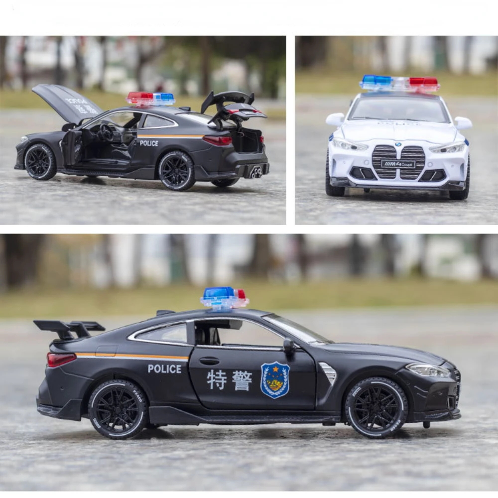 Bmw m4警察車,子供用,1:32,ダイキャストモデル,プルバック,サウンドとライト,ハイシミュレーション,おもちゃコレクション,ギフト