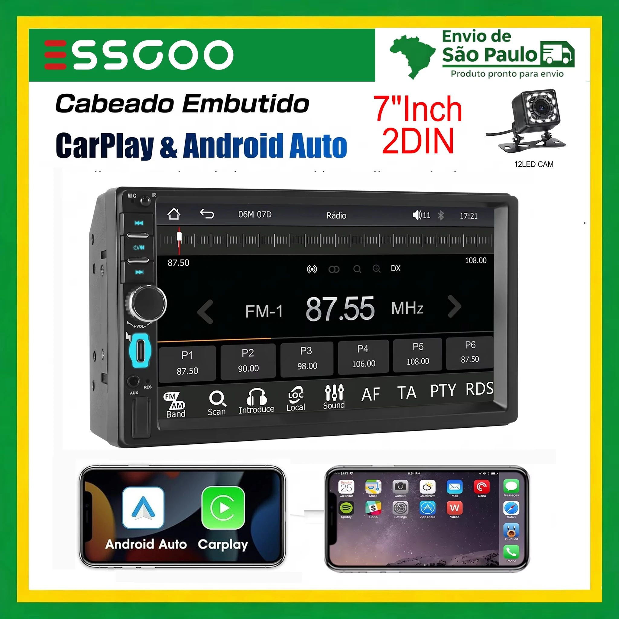 Rádio Automotivo 2DIN 7" com CarPlay e Android Auto