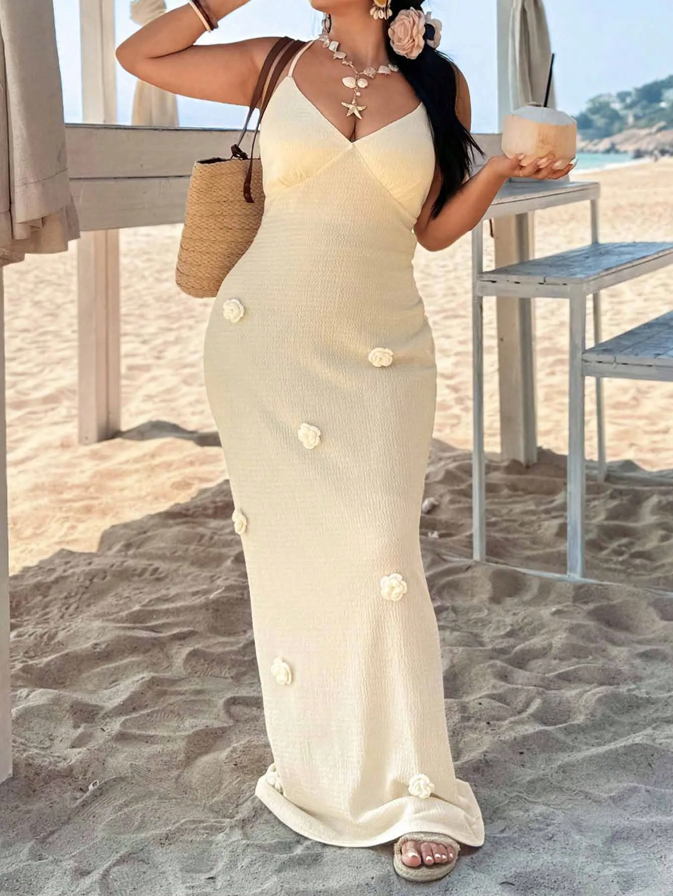 

Cream Backless Bodycon Maxi Dress with 3D Floral Embellishments for Beach Vacation