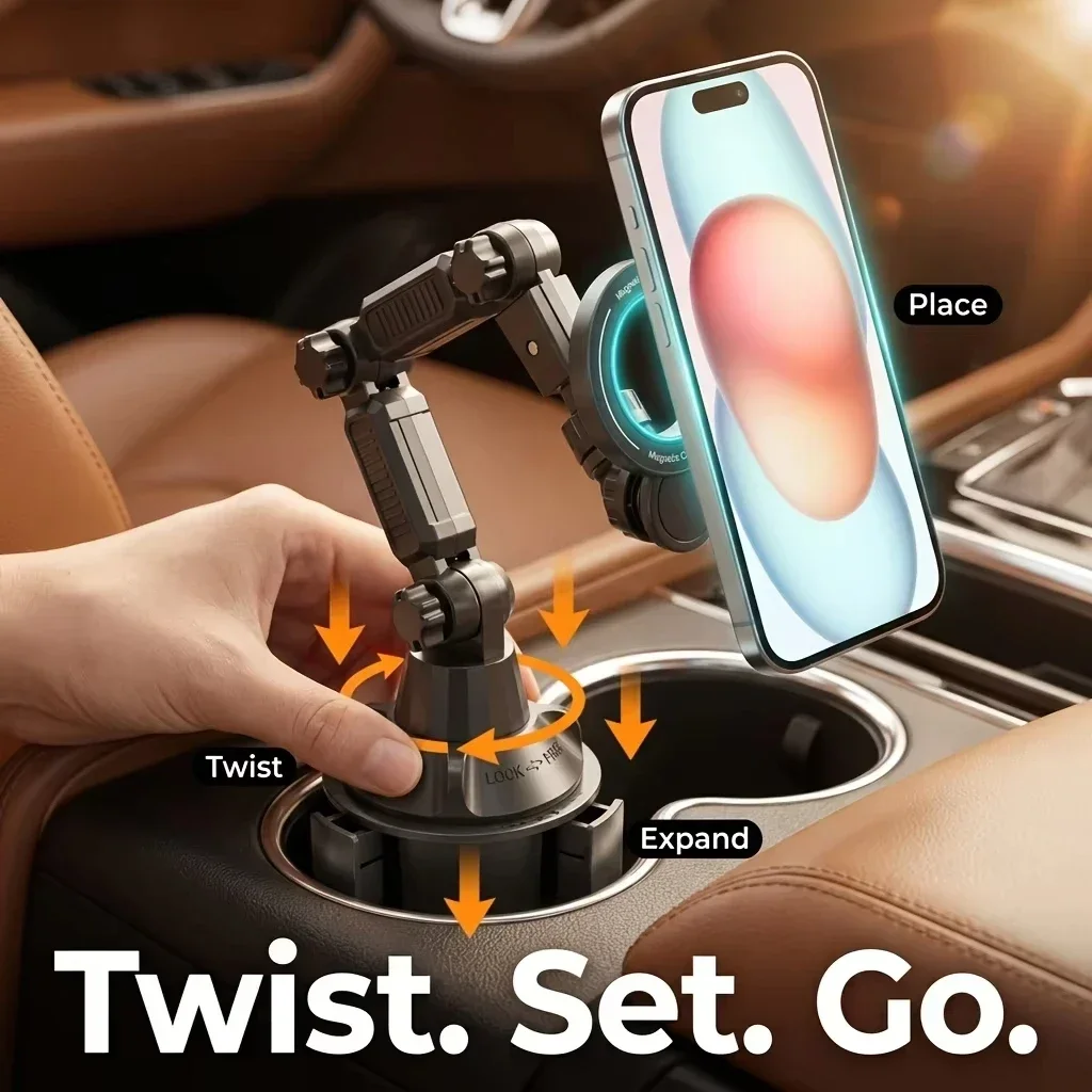 Car Cup Holder Phone Mount, Magnetic Long Arm Cell Phone Holder for Car, 360 Rotatable Mechanical Foldable Phone Bracket Amagi