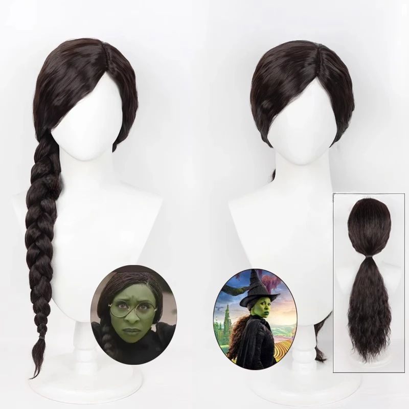 Movie Wicked Elphaba Cosplay Wig Adult Women Long Black Curly Braid Synthetic Hair Wigs Halloween Accessories Props