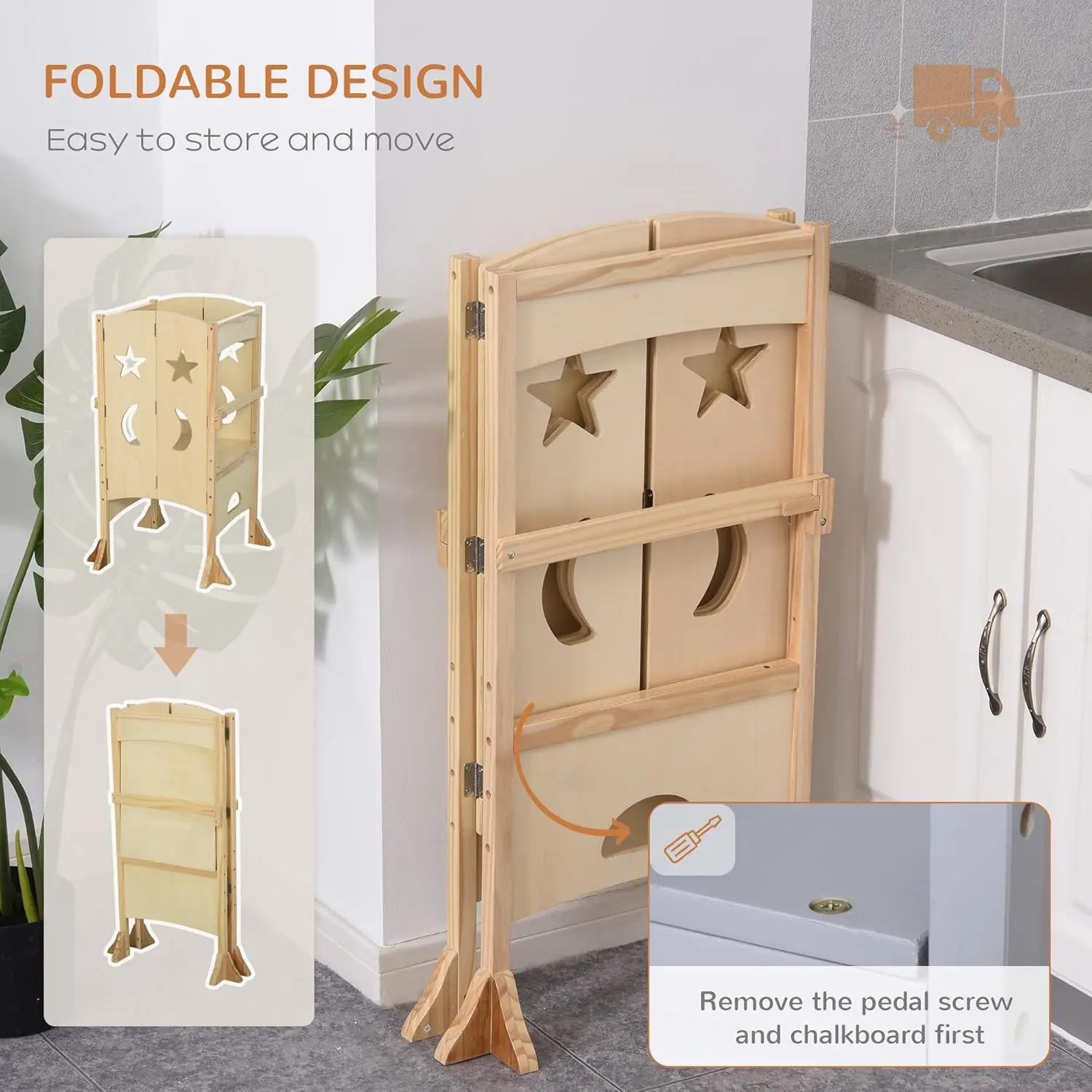 Wooden Kitchen Step Stool for Kids, Toddler Tower, Helper Stool for Kitchen Counter with Support Handles Safety