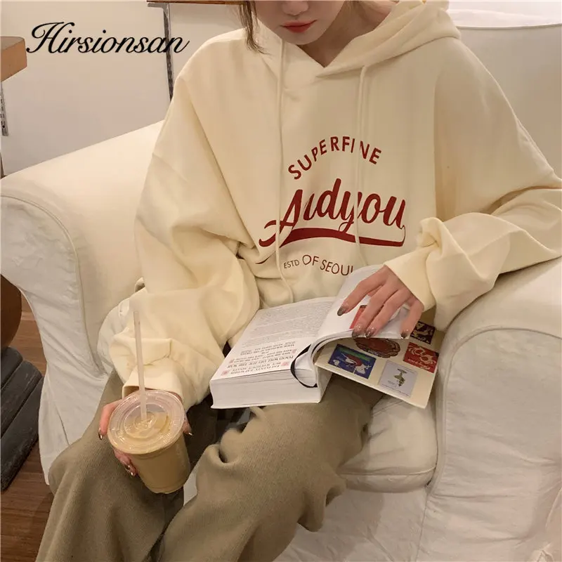 Hirsionsan Chic Vintage Fleece Hoodies Women Letter Print Soft Pocket Sweatshirt Korean Warm Pullover Loose Oversized Sportwear