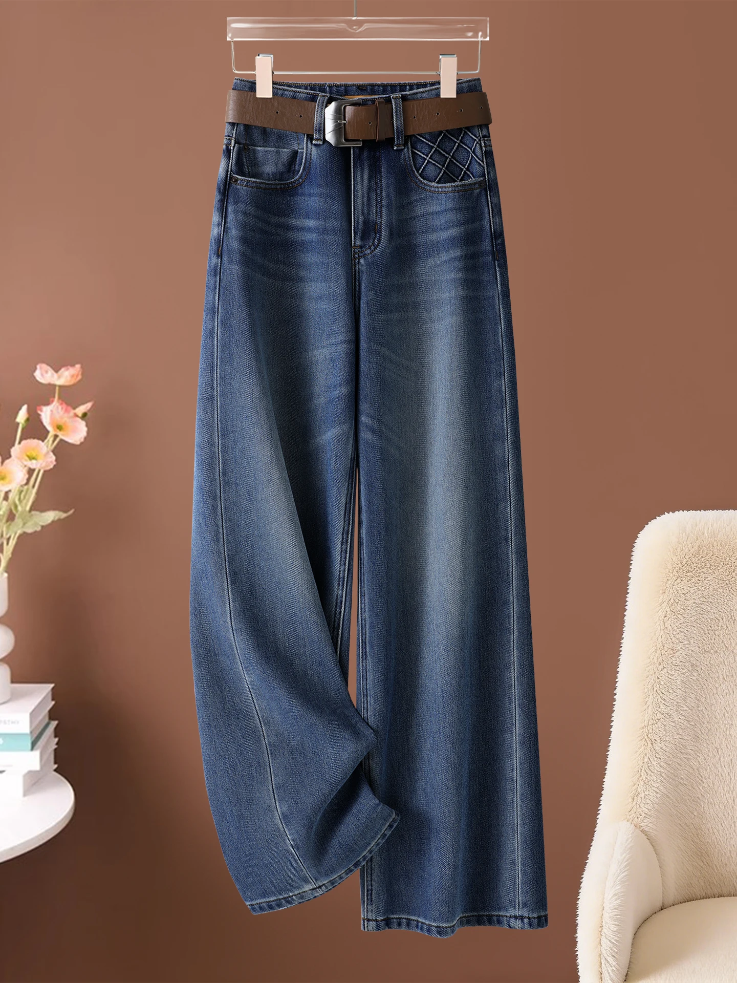 

High Waist Wide Leg Fleece Lined Casual Jeans Women's Spring Autumn Winter Loose Slimming Straight Cut Pants Retro Style