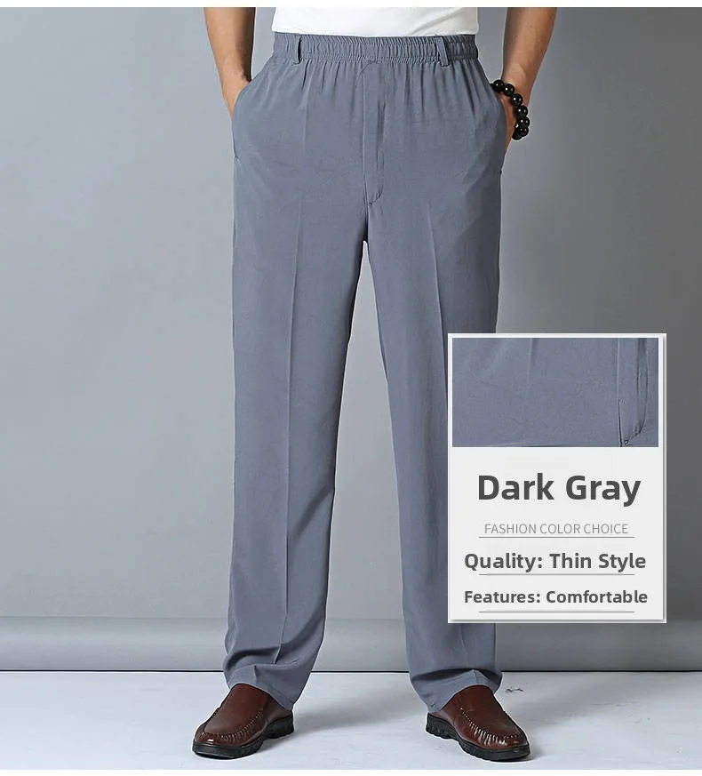 Ultra-Thin Summer Ice-Silk Men's Casual Pants Loose Straight Leg Qui-Dry Dad Sle Western Trousers Long Sports Long Trousers