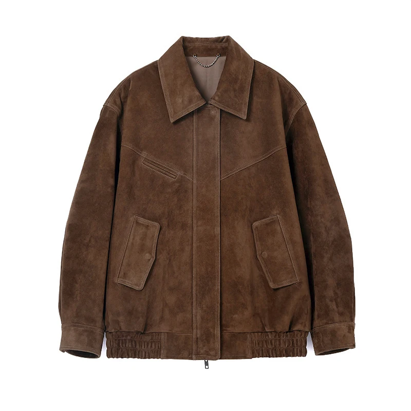 Giacche in pelle scamosciata per bambini in pelle di capra di alto lusso per donna 2025 Nuova giacca in pelle scamosciata con silhouette allentata retrò Cappotto in vera pelle femminile