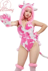 Mobbunny Women Christmas Lingerie Plush Bodysuit Cow Print Paw Cosplay Costume Hooded Romper with Paw Gloves and Thigh Socks