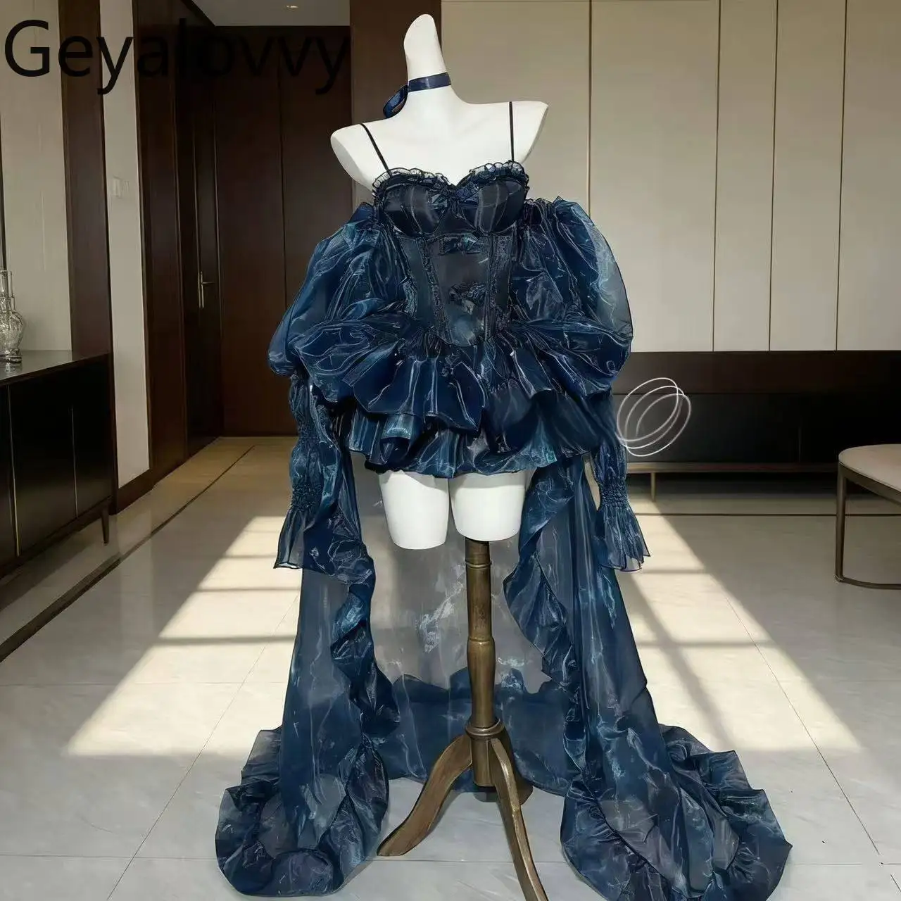 

Luxury Niche Style Trailing Navy Blue New Arrival Sweet Bow Tube Tops and Short Tutu Skirt Birthday Adult Outfits Suit