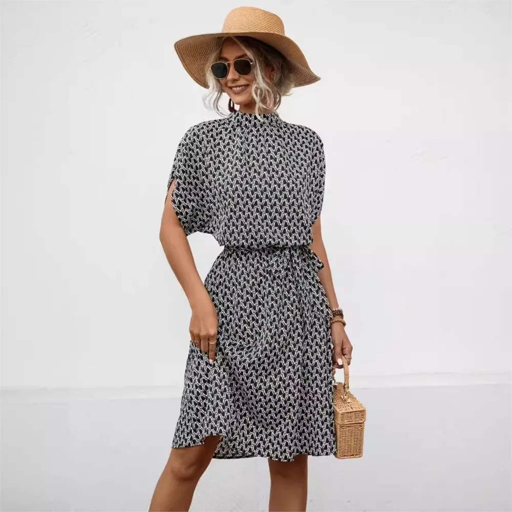 Sommer Neue Gedruckt O Hals Kurzarm Für frauen Kleider Modische Fledermaus Kurzarm Spitze Up Elegante Weibliche Retro Kleid