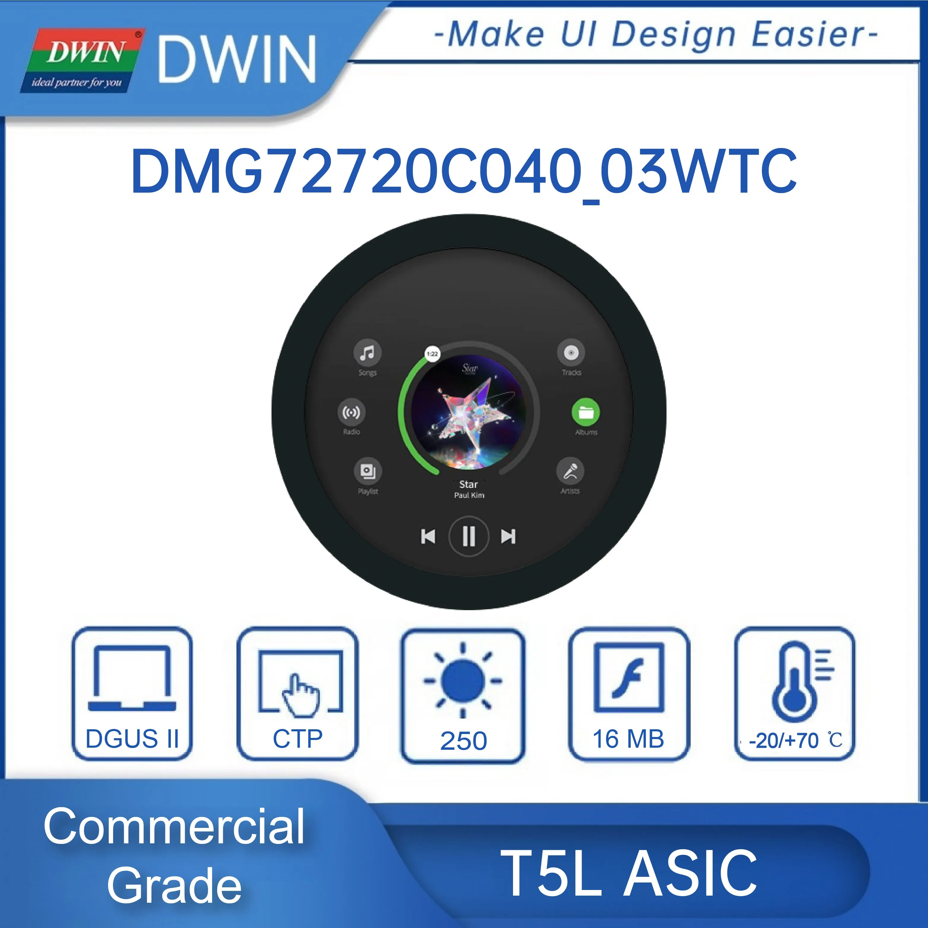 DWIN HMI 4 Inch Circular Display 720*720 with Round IPS TFT LCD for Arduino STM32 ESP32 MCU DMG72720C040_03W