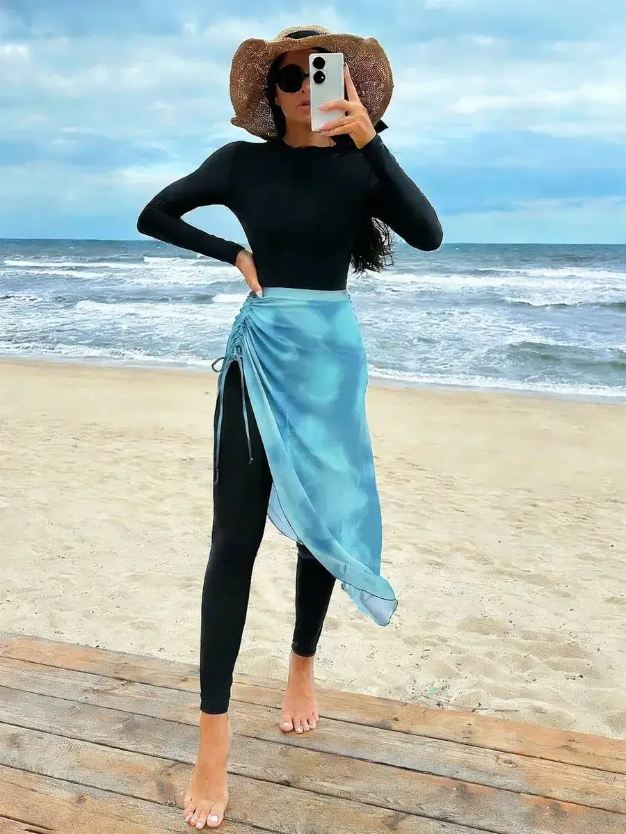 Women Solid Color Long Sleeve Jumpsuit With Blue Drawstring Skirt Beach Outfit