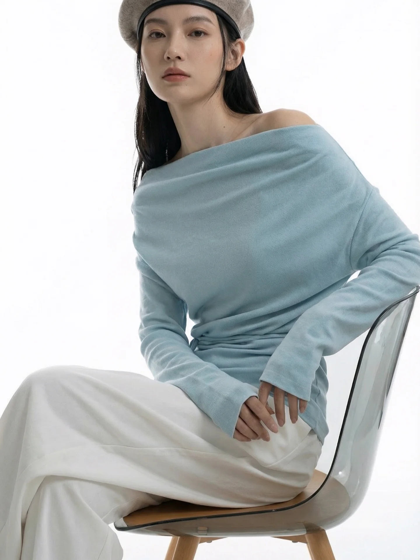 

Casual Sle Women's T-irt Asymmetrical oulder Design Long Sve Loose Fit High nce Lazy Luxury Faion Top
