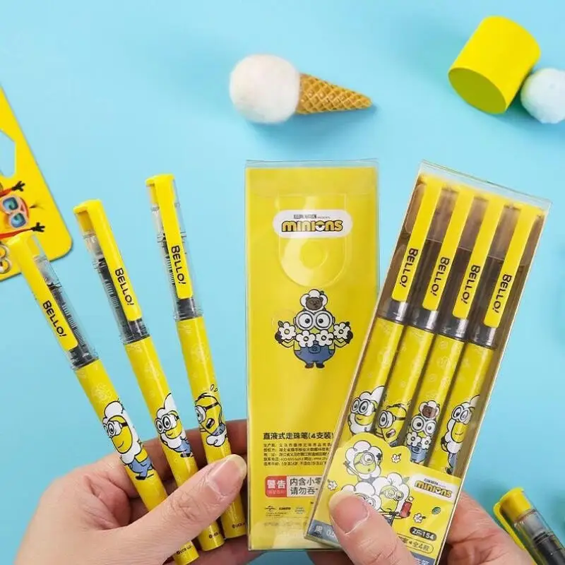 4pcs Minions Ball Pen Despicable Me Cute Cartoon Quick-drying Gel Pen Needle Type Straight Liquid Ballpoint School Stationery