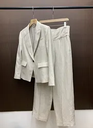 Thin Lapel Linen Suit for Women, Small Jacket, Loose Casual Pants, Spring and Summer