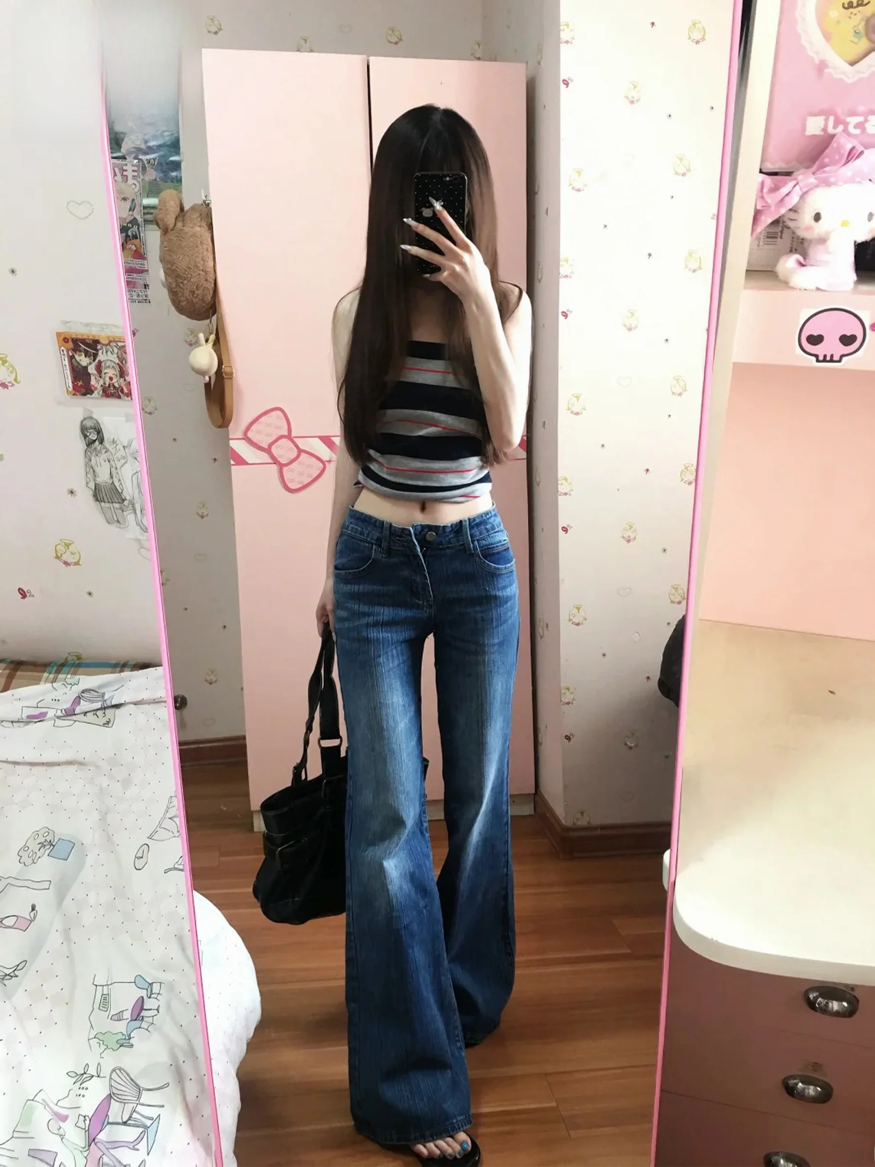 

Low Waist Wide Leg Straight Cut Blue Jeans Women's Summer Slimming Loose Fit Denim Pants Retro Bamboo Texture Trendy Girls