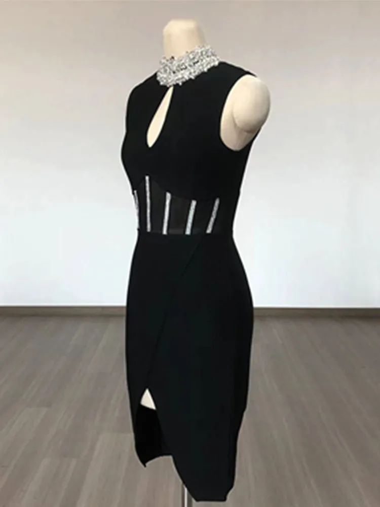 Vestido sexy feminino de gola alta, buraco chave de diamante, mini bodycon preto, vestido de noite elegante, festa de clube, celebridade, 2024