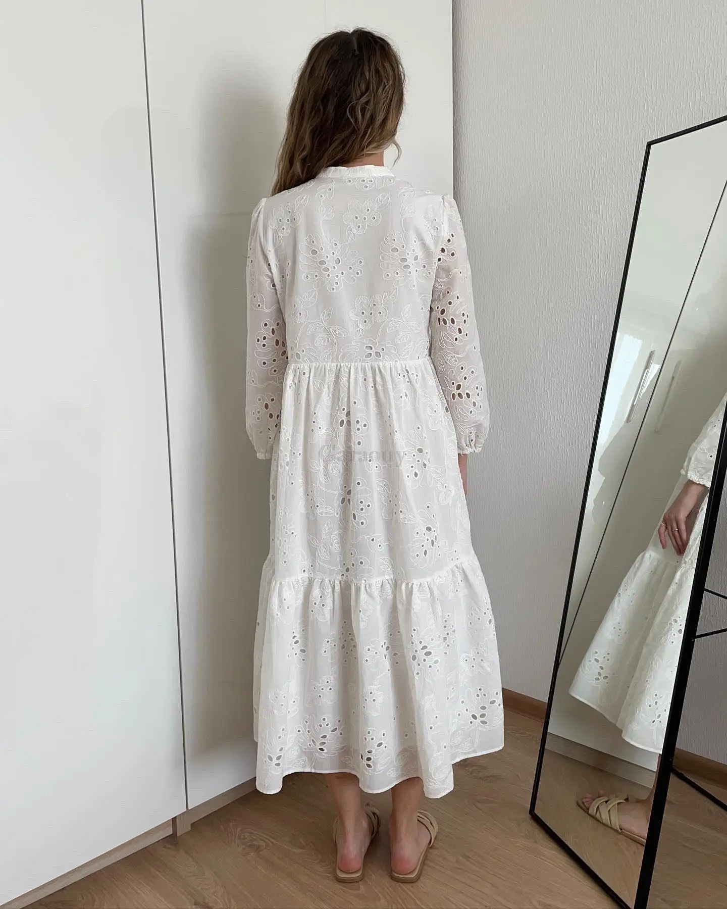 Garaouy 2022 New Women Elegant Embroidered Lace Dress White Female Splicing Dress Floral Hollow Out Loose Casual Party Vestidos