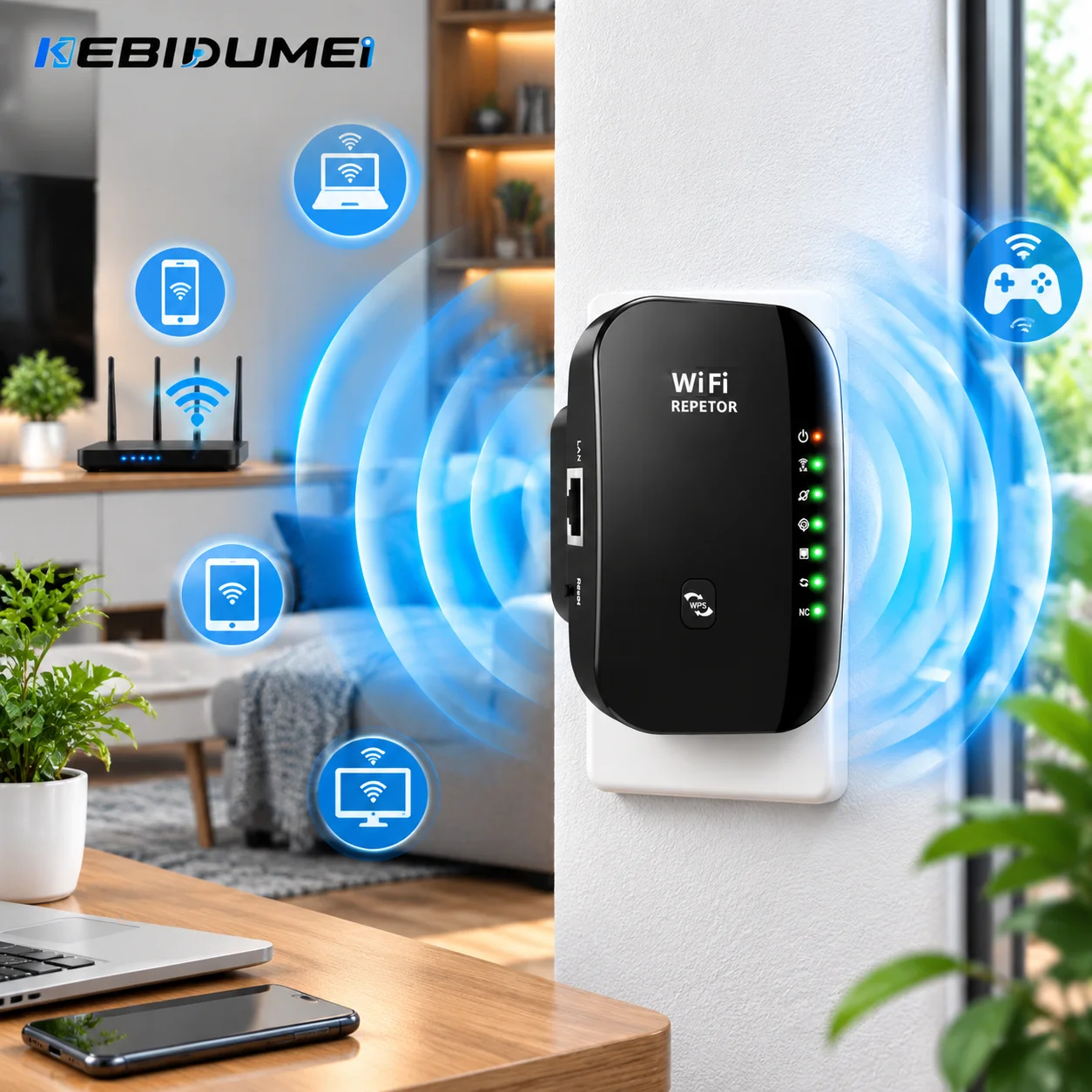 KEBIDUMEI 300Mbps WiFi Extender 7 Lights Wireless WiFi Repeater Signal Booster Amplifier 802.11N WiFi Router Range Extender