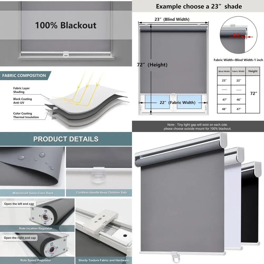 

46 Grey Cordless Blackout Roller Shades for Windows, UV-Protected Room Darkening Blinds, 72 Height