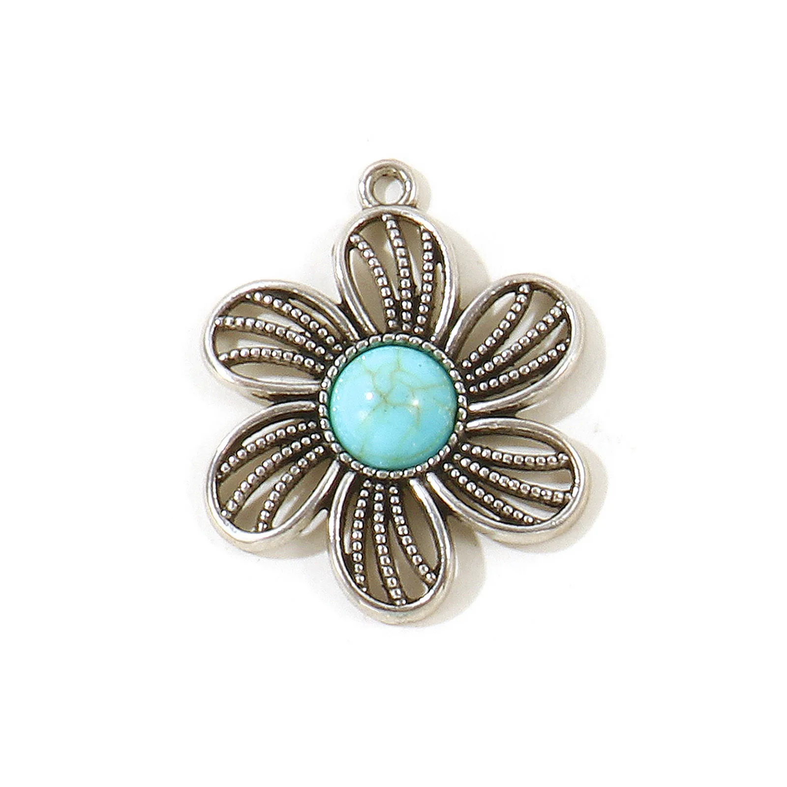 10 Stück Vintage Bohemia Anhänger Antiksilberfarben Grün Blau Imitation Türkis Feder Blumen Charms DIY Halskette Schmuck – Detail 3