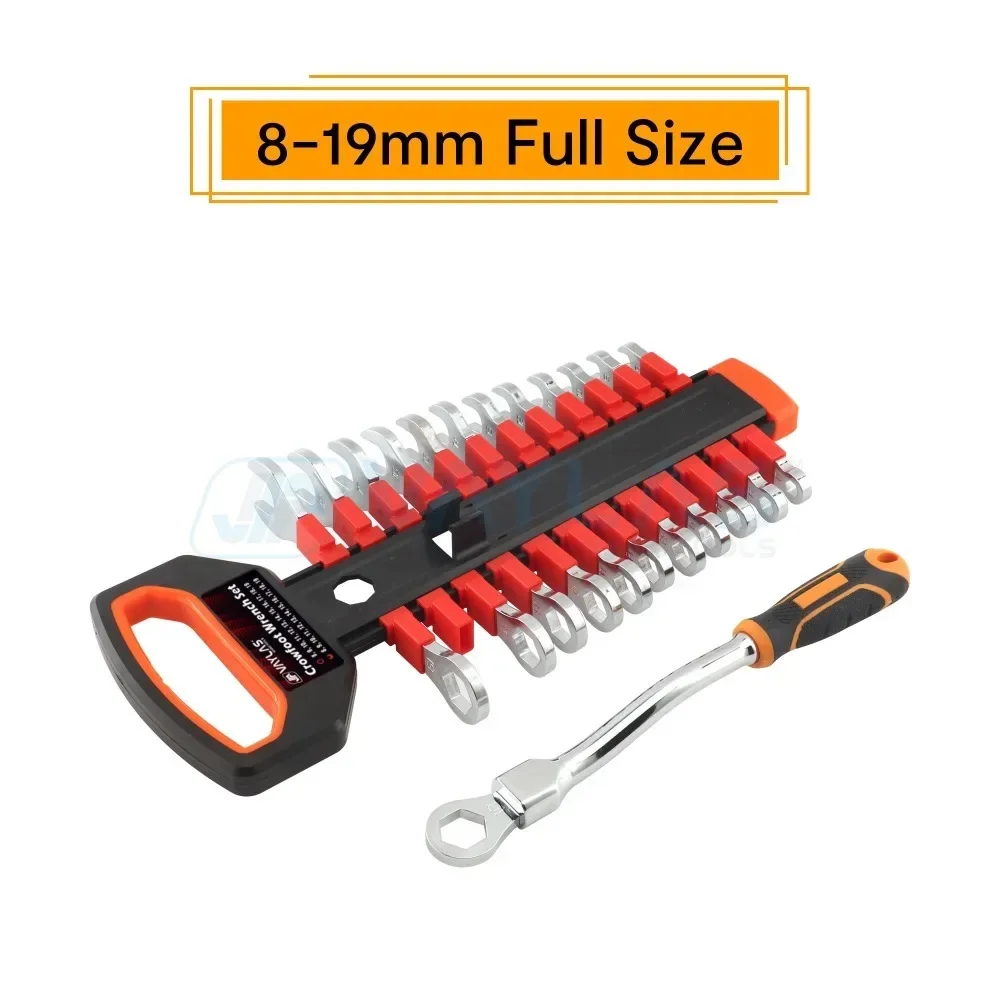 Open & Box Crowfoot Wrench Kit 8-19mm Metric Sizes with Wrench Handle Universal Set of Keys Durable Storage Rack