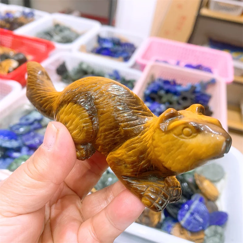 Natural Tiger Eye Stone Squirrel Carving Animal Powerful Statue Healing Reiki For Home Decoration Gift 1pcs