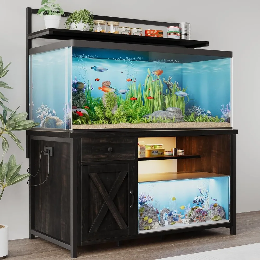 

55-75 Gallon Fish Tank Stand with Power Outlet, Led Light, Heavy Duty Aquarium Stand with Cabinet for Fish Tank Accessories Stor