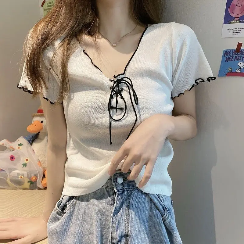 

Korean Pleated Slim Tops Tees Summer New Short Sleeve V Neck Lacing Solid Color Sweet T Shirts Fashion Trend Women Clothing