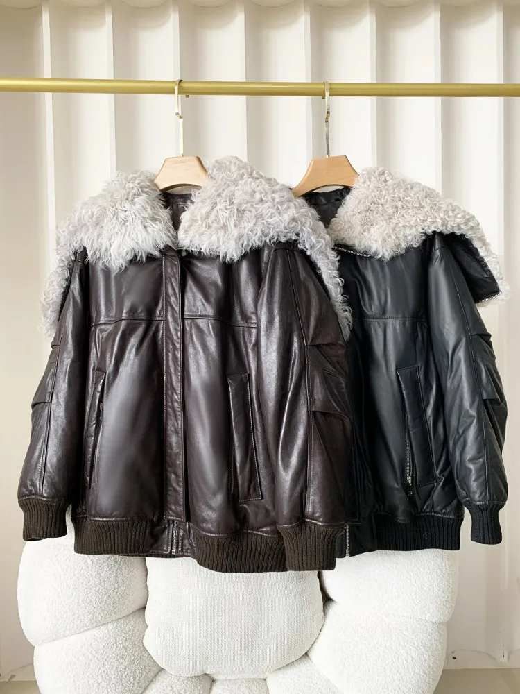 Winter Women Genuine Leather Down Coat Luxury Lambswool Collar Loose Fit Casual Jacket Thicken Warm Vintage Sheepskin Outerwear