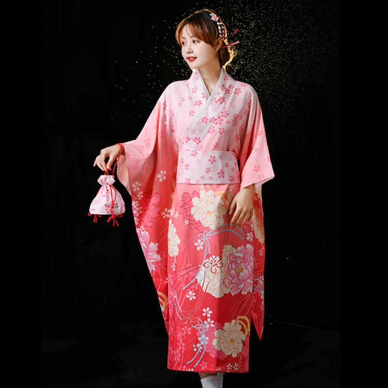 Divine Girl Cosplay Costume Pink Gradient Print Performance Attire Japanese Traditional Kimono Large Sleeved Nightgown for Women