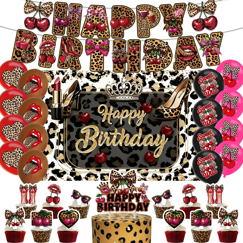 

Leopard Print Cherry Party Banner Balloons Girl Birthday Decorations Golden Shiny Gorgeous PhotO Background Women Party Supplies