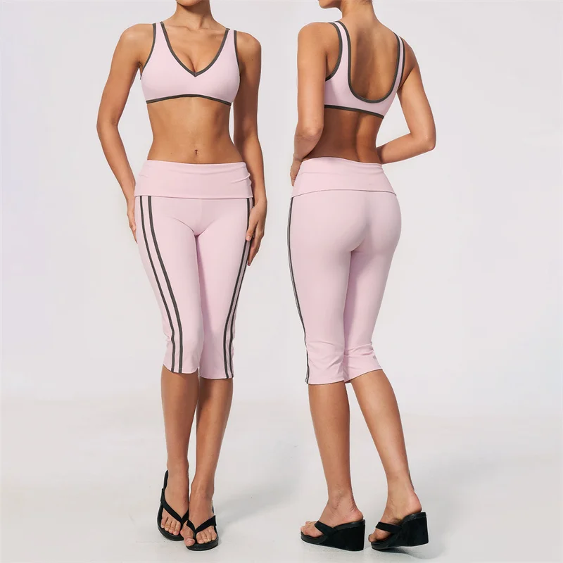 TRY TO BN Women 2 Piece Yoga Set Sports Bra Fold Over Waist Contrasting High Wiast Capri Leggings Fitness Gym Workout Tracksuit