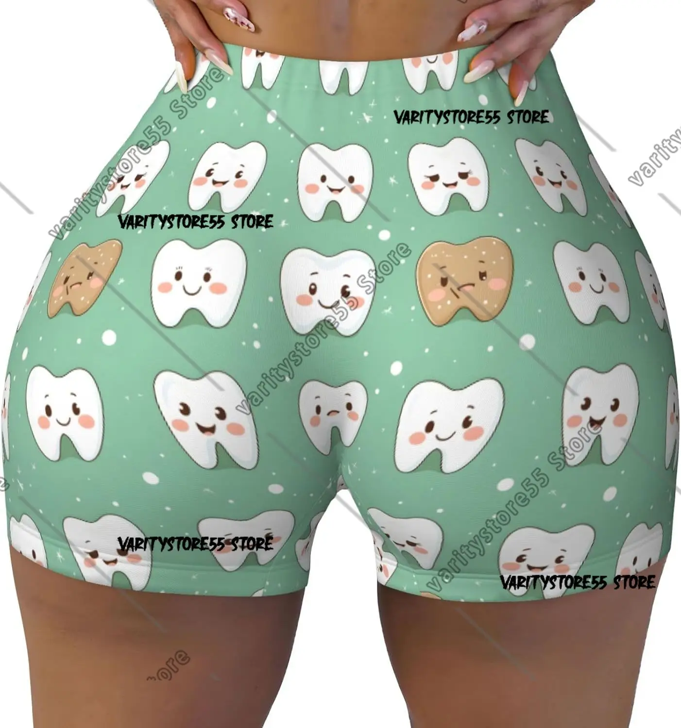 Workout Shorts Women Bright Cute Teeth Print Biker Yoga Running Gym Spandex Shorts for Women