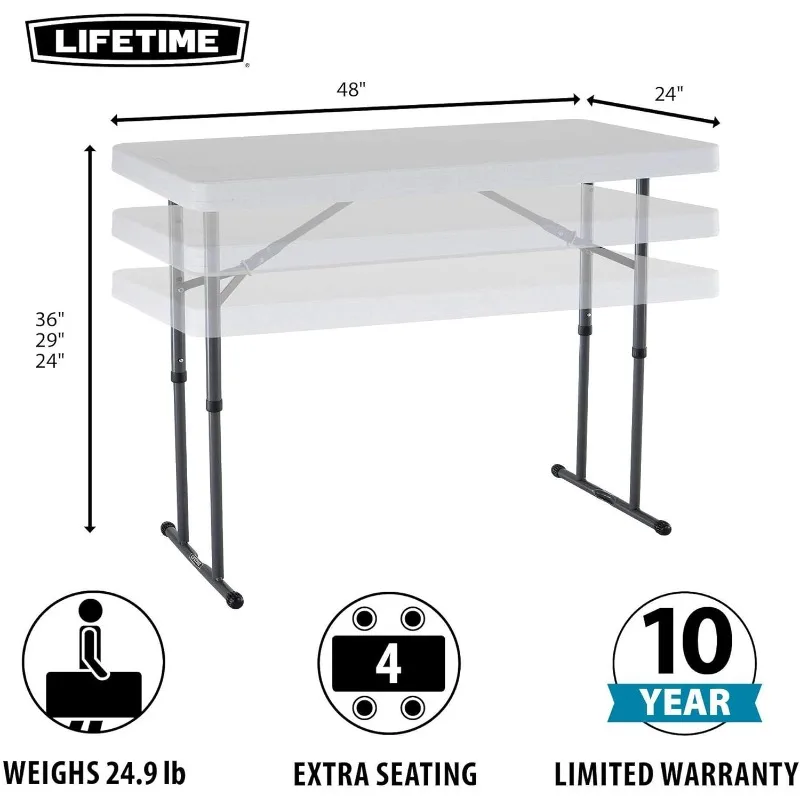 80160 Commercial Height Adjustable Folding Utility Table, 4 Feet, White Granite