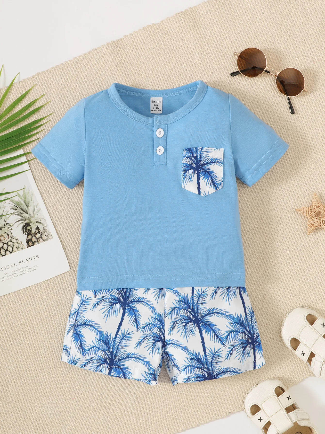 Summer Baby Boy Casual Suit Round Neck Short Sleeve Blue Top T-Shirt Beach Wind Coconut Print Pants Fashion Two-Piece Set