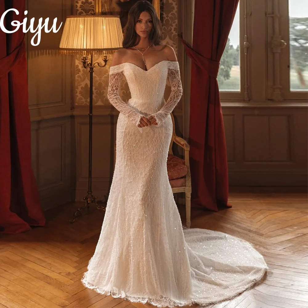 

Giyu Luxury Off Shoulder Beading Lace Wedding Dress Long Sleeve Court Train Customized Exquisite Bridal Gown vestidos de novia