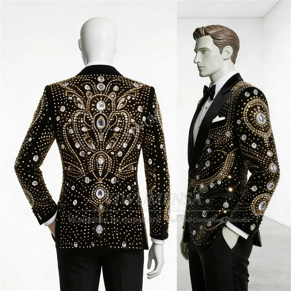 Exquisite Diamond Crystals Velvet Suit Men Slim Fit Single Breasted Prom Blazers Customized 2 Piece Set Beaded Wedding Tuxedos