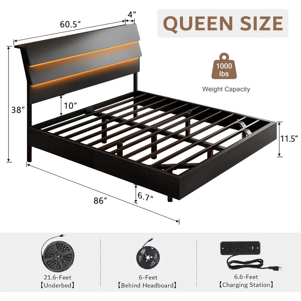 iPormis Queen Floating Bed Frame with LED Lights & Charging Station, Platform Bed with Wooden Storage Headboard, Steel Slats Sup