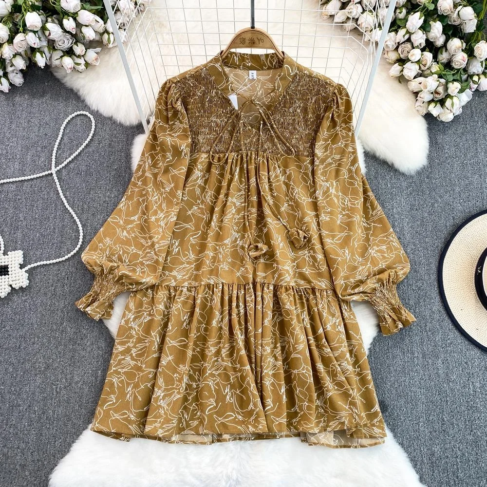 봄 가을 패션 젠틀 스위트 랜턴 롱 슬리브 브이넥 루즈 미디 A라인 레이스 트림 플로럴 프린트 여성 스커트